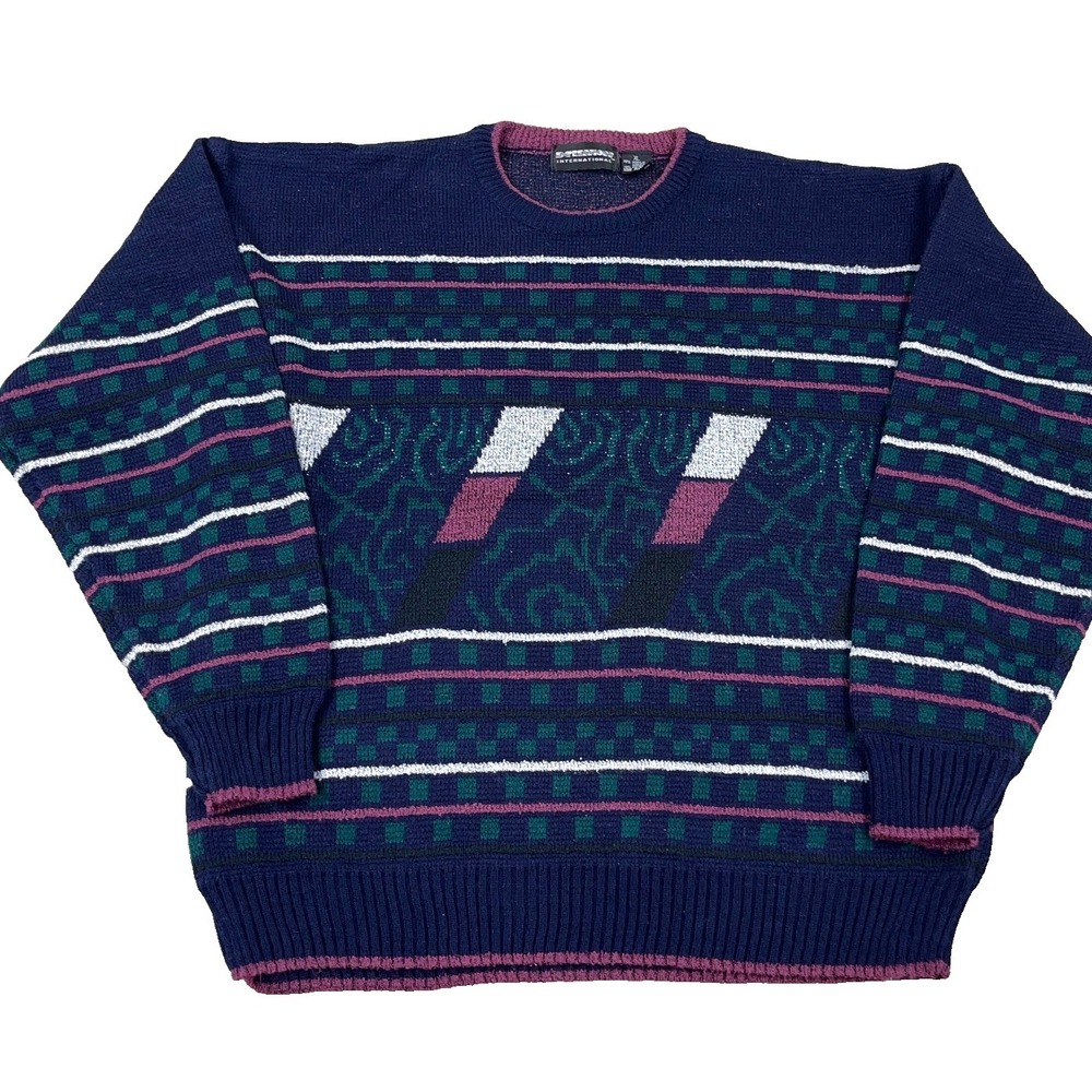 Vintage Grandpa Sweater Men XL Purple Pink Geometric Knit Golf 90s Cosby Acrylic